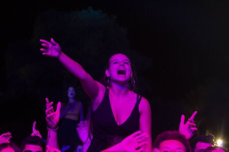 FARO, PORTUGAL: 5th SEPTEMBER, 2019 - Audience watch music artist on  Festival F, a big festival on the city of Faro, Portugal.のeditorial素材