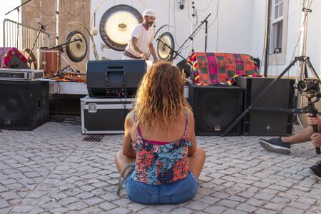 FARO, PORTUGAL: 5th SEPTEMBER, 2019 - Music band, Cosmic Gong Bath - Sound Journey, performs on Festival F, a big festival on the city of Faro, Portugal.のeditorial素材