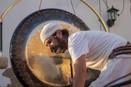 FARO, PORTUGAL: 5th SEPTEMBER, 2019 - Music band, Cosmic Gong Bath - Sound Journey, performs on Festival F, a big festival on the city of Faro, Portugal.のeditorial素材