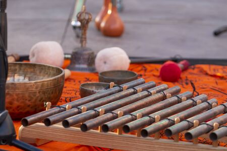 Close up of musical instrument, metal pipe xylophone.のeditorial素材