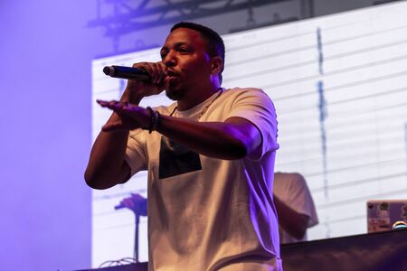 FARO, PORTUGAL: 5th SEPTEMBER, 2019 - Rap band Perigo Publico, performs on Festival F, a big festival on the city of Faro, Portugal.のeditorial素材