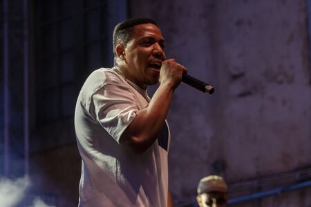 FARO, PORTUGAL: 5th SEPTEMBER, 2019 - Rap band Perigo Publico, performs on Festival F, a big festival on the city of Faro, Portugal.のeditorial素材