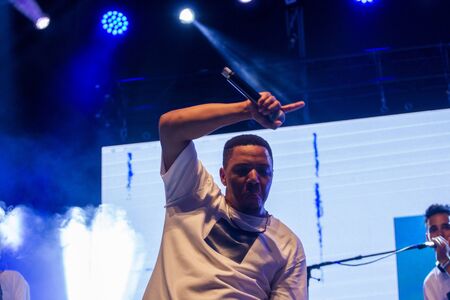 FARO, PORTUGAL: 5th SEPTEMBER, 2019 - Rap band Perigo Publico, performs on Festival F, a big festival on the city of Faro, Portugal.のeditorial素材