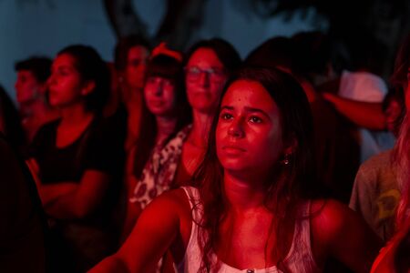 FARO, PORTUGAL: 5th SEPTEMBER, 2019 - Audience watch music artist on  Festival F, a big festival on the city of Faro, Portugal.のeditorial素材
