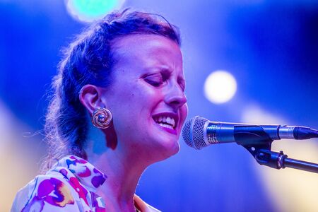 FARO, PORTUGAL: 5th SEPTEMBER, 2019 - Pop Rock band Bruno Pernadas, performs on Festival F, a big festival on the city of Faro, Portugal.のeditorial素材