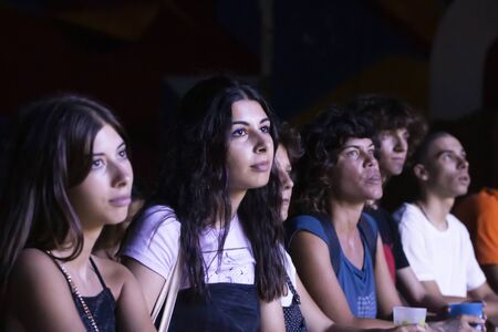 FARO, PORTUGAL: 6th SEPTEMBER, 2019 - Audience watch music artist on  Festival F, a big festival on the city of Faro, Portugal.のeditorial素材