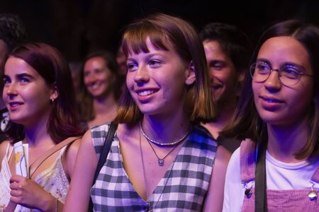 FARO, PORTUGAL: 6th SEPTEMBER, 2019 - Audience watch music artist on  Festival F, a big festival on the city of Faro, Portugal.のeditorial素材
