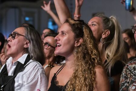 FARO, PORTUGAL: 6th SEPTEMBER, 2019 - Audience watch music artist on  Festival F, a big festival on...