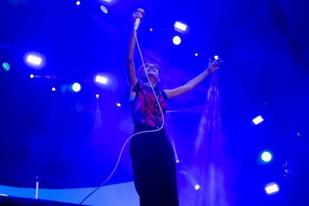 FARO, PORTUGAL: 6th SEPTEMBER, 2019 - Amor Electro band, performs on Festival F, a big festival on the city of Faro, Portugal.のeditorial素材