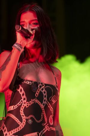 FARO, PORTUGAL: 6th SEPTEMBER, 2019 - Rap singer, Biya, performs on Festival F, a big festival on the city of Faro, Portugal.のeditorial素材