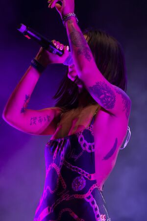 FARO, PORTUGAL: 6th SEPTEMBER, 2019 - Rap singer, Biya, performs on Festival F, a big festival on the city of Faro, Portugal.のeditorial素材