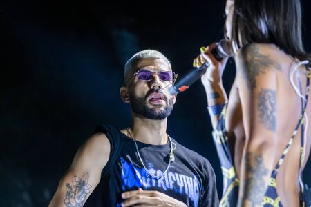 FARO, PORTUGAL: 6th SEPTEMBER, 2019 - Rap singer, Biya, performs on Festival F, a big festival on the city of Faro, Portugal.のeditorial素材