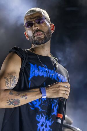 FARO, PORTUGAL: 6th SEPTEMBER, 2019 - Rap singer, Biya, performs on Festival F, a big festival on the city of Faro, Portugal.のeditorial素材