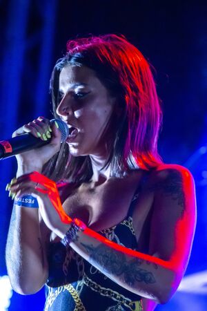 FARO, PORTUGAL: 6th SEPTEMBER, 2019 - Rap singer, Biya, performs on Festival F, a big festival on the city of Faro, Portugal.のeditorial素材