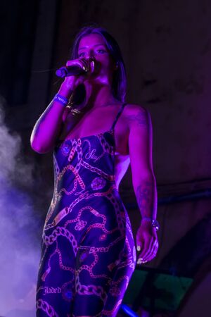 FARO, PORTUGAL: 6th SEPTEMBER, 2019 - Rap singer, Biya, performs on Festival F, a big festival on the city of Faro, Portugal.のeditorial素材