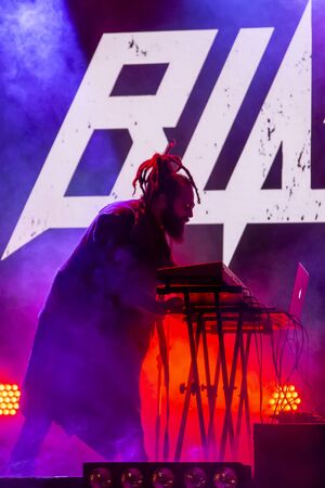 FARO, PORTUGAL: 6th SEPTEMBER, 2019 - Blasted Mechanism band, performs on Festival F, a big festival on the city of Faro, Portugal.のeditorial素材