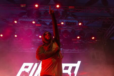 FARO, PORTUGAL: 6th SEPTEMBER, 2019 - Blasted Mechanism band, performs on Festival F, a big festival on the city of Faro, Portugal.のeditorial素材