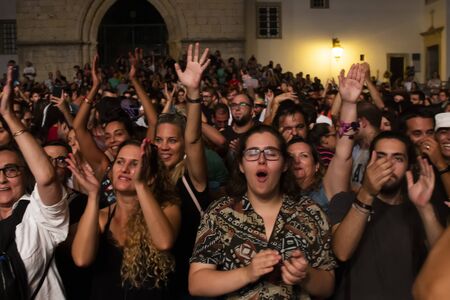 FARO, PORTUGAL: 6th SEPTEMBER, 2019 - Audience watch music artist on  Festival F, a big festival on the city of Faro, Portugal.のeditorial素材