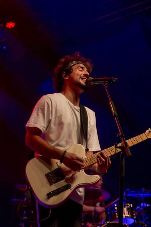 FARO, PORTUGAL: 7th SEPTEMBER, 2019 - Pop rock band, Atoa, performs on Festival F, a big festival on the city of Faro, Portugal.のeditorial素材