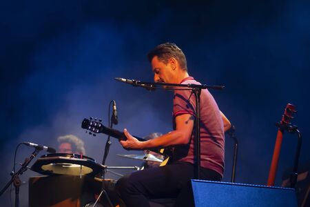 FARO, PORTUGAL: 7th SEPTEMBER, 2019 - Rock band, Antonio Zambujo, performs on Festival F, a big festival on the city of Faro, Portugal.のeditorial素材