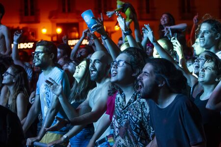 FARO, PORTUGAL: 7th SEPTEMBER, 2019 - Audience watch music artist on  Festival F, a big festival on the city of Faro, Portugal.のeditorial素材