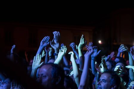 FARO, PORTUGAL: 7th SEPTEMBER, 2019 - Audience watch music artist on  Festival F, a big festival on the city of Faro, Portugal.のeditorial素材