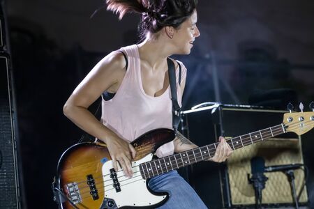 FARO, PORTUGAL: 7th SEPTEMBER, 2019 - Linda Martini heavy rock band, performs on Festival F, a big festival on the city of Faro, Portugal.のeditorial素材