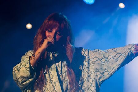 FARO, PORTUGAL: 7th SEPTEMBER, 2019 - Pop Rock band, Carolina Deslandes, performs on Festival F, a big festival on the city of Faro, Portugal.のeditorial素材