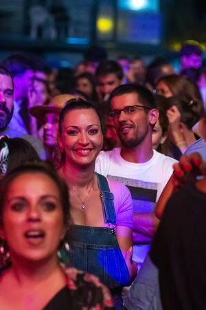FARO, PORTUGAL: 7th SEPTEMBER, 2019 - Audience watch music artist on  Festival F, a big festival on the city of Faro, Portugal.のeditorial素材