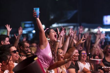 FARO, PORTUGAL: 7th SEPTEMBER, 2019 - Audience watch music artist on  Festival F, a big festival on...