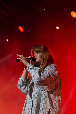 FARO, PORTUGAL: 7th SEPTEMBER, 2019 - Pop Rock band, Carolina Deslandes, performs on Festival F, a big festival on the city of Faro, Portugal.のeditorial素材