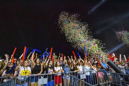 FARO, PORTUGAL: 7th SEPTEMBER, 2019 - Audience watch music artist on  Festival F, a big festival on the city of Faro, Portugal.のeditorial素材