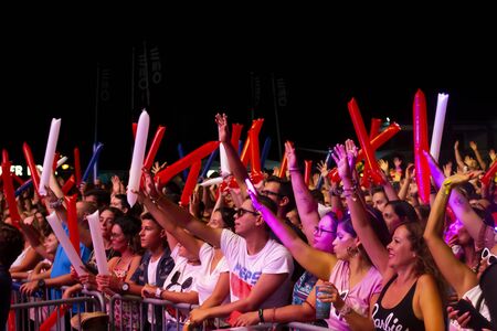 FARO, PORTUGAL: 7th SEPTEMBER, 2019 - Audience watch music artist on  Festival F, a big festival on the city of Faro, Portugal.のeditorial素材