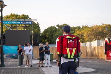 FARO, PORTUGAL: 7th SEPTEMBER, 2019 - Close view of Music concert festival health safety crew.