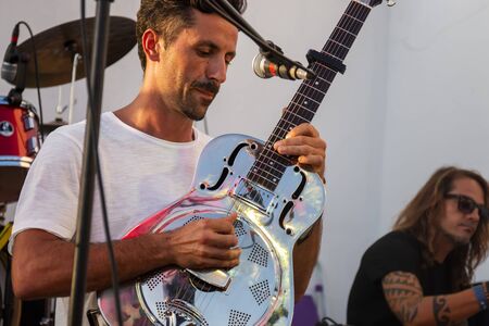 FARO, PORTUGAL: 7th SEPTEMBER, 2019 - Music band, Sangha, performs on Festival F, a big festival on the city of Faro, Portugal.のeditorial素材