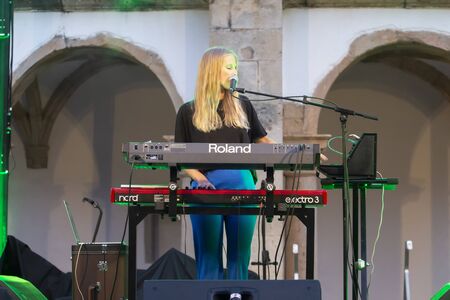 FARO, PORTUGAL: 7th SEPTEMBER, 2019 - Mellow electronica singer, Lince, performs on Festival F, a big festival on the city of Faro, Portugal.のeditorial素材