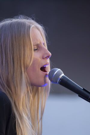 FARO, PORTUGAL: 7th SEPTEMBER, 2019 - Mellow electronica singer, Lince, performs on Festival F, a big festival on the city of Faro, Portugal.のeditorial素材