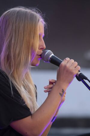 FARO, PORTUGAL: 7th SEPTEMBER, 2019 - Mellow electronica singer, Lince, performs on Festival F, a big festival on the city of Faro, Portugal.のeditorial素材
