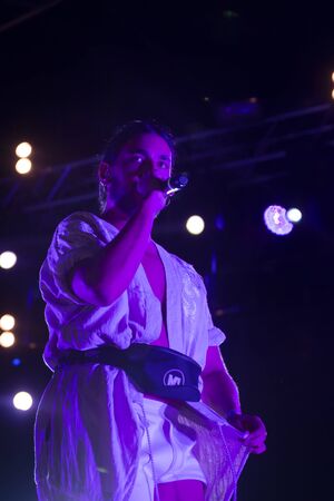 LOULE, PORTUGAL: 31st AUGUST, 2019 - Music artist, Conan Osiris, performs on White Night, a festival on the city of Loule, Portugal.のeditorial素材