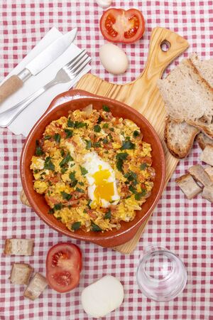 Traditional homemade meal of tomato with egg of the Algarve and Alentejo region, Portugal.の写真素材