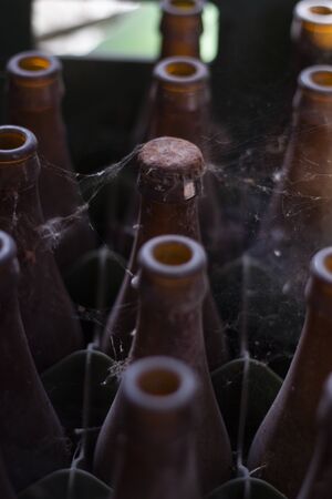 View of a bunch of abandoned beer and soda bottles on a barn.の写真素材