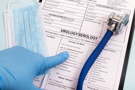 Various virus and laboratory test report concept, for coronavirus, rabies, hepatitis and others with...