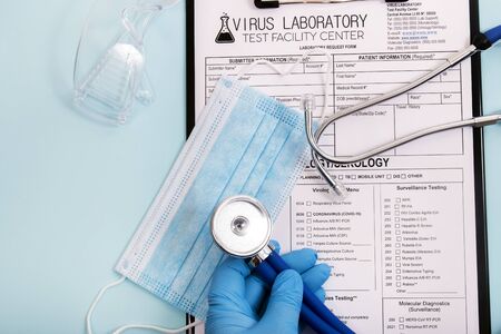 Various virus and laboratory test report concept, for coronavirus, rabies, hepatitis and others with...