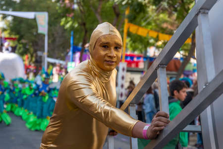 LOULE, PORTUGAL - FEBRUARY 2020: Colorful Carnival (Carnaval) Parade festival participants on Loule city, Portugal.のeditorial素材