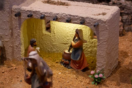 VILA REAL SANTO ANTONIO, PORTUGAL - 28th DECEMBER 2019: Christmas Nativity scene exhibition of many figurines depicting daily life across different business and religious activities.のeditorial素材