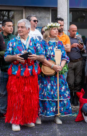 LOULE, PORTUGAL - FEBRUARY 2020: Colorful Carnival (Carnaval) Parade festival participants on Loule city, Portugal.のeditorial素材