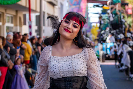 LOULE, PORTUGAL - FEBRUARY 2020: Colorful Carnival (Carnaval) Parade festival participants on Loule city, Portugal.のeditorial素材