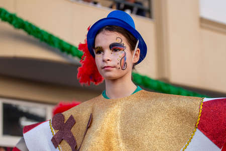 LOULE, PORTUGAL - FEBRUARY 2020: Colorful Carnival (Carnaval) Parade festival participants on Loule city, Portugal.のeditorial素材