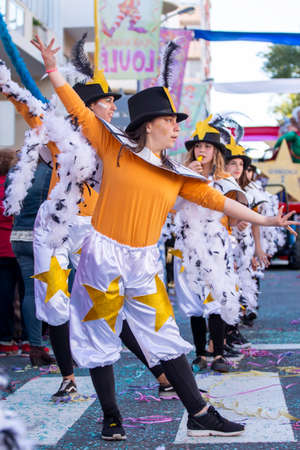 LOULE, PORTUGAL - FEBRUARY 2020: Colorful Carnival (Carnaval) Parade festival participants on Loule city, Portugal.のeditorial素材