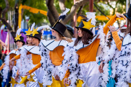 LOULE, PORTUGAL - FEBRUARY 2020: Colorful Carnival (Carnaval) Parade festival participants on Loule city, Portugal.のeditorial素材
